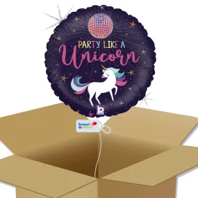 Ballon Rond – « Party Like A Unicorn » avec une boule à facette et une licorne